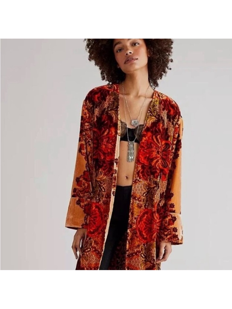 Free People Mirabella Floral Print Duster In Multi Red Velvet M/L